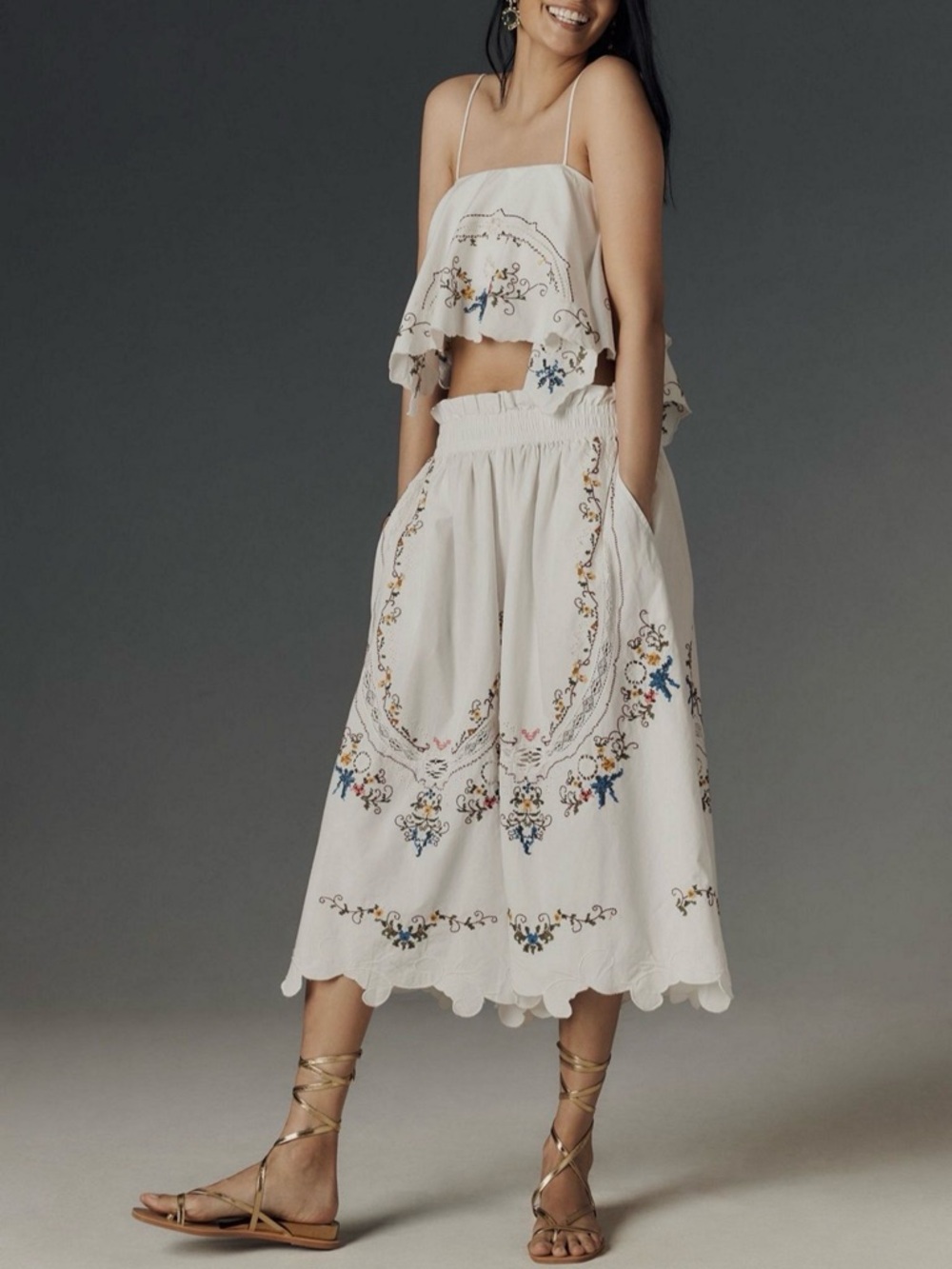 Anthropologie White Embroidered Culottes